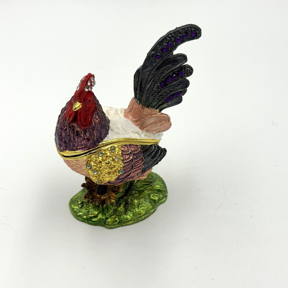 Rooster Trinket Box Hand Painted Enamel Hinged Farmhouse Decor Rhinestones